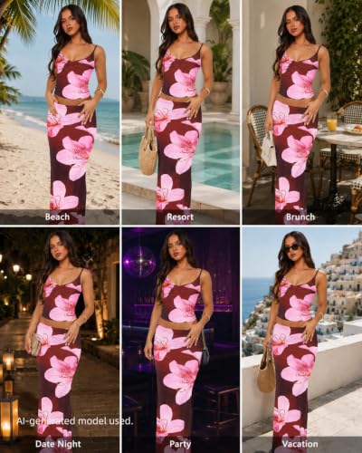 Image of Two Piece Skirt Set Women Maxi Long Skirt and Top Outfit | Soft stretchy 5 pc, slim bodycon, adjustable spaghetti straps, ruched crop tank, elastic waist, going out, beach vacation