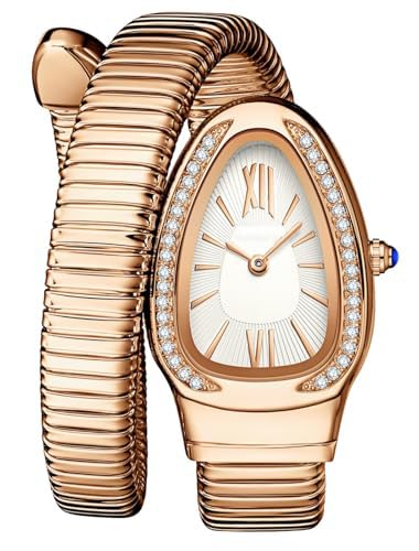 Snake Shape Bangle Watch for Women Quartz Analog Wristwatch with Roman Numerals Crystal Bezel Wrap Around Bracelet Flexible Coil Cuff Bangle Elegant Dress Watch for Party Gift