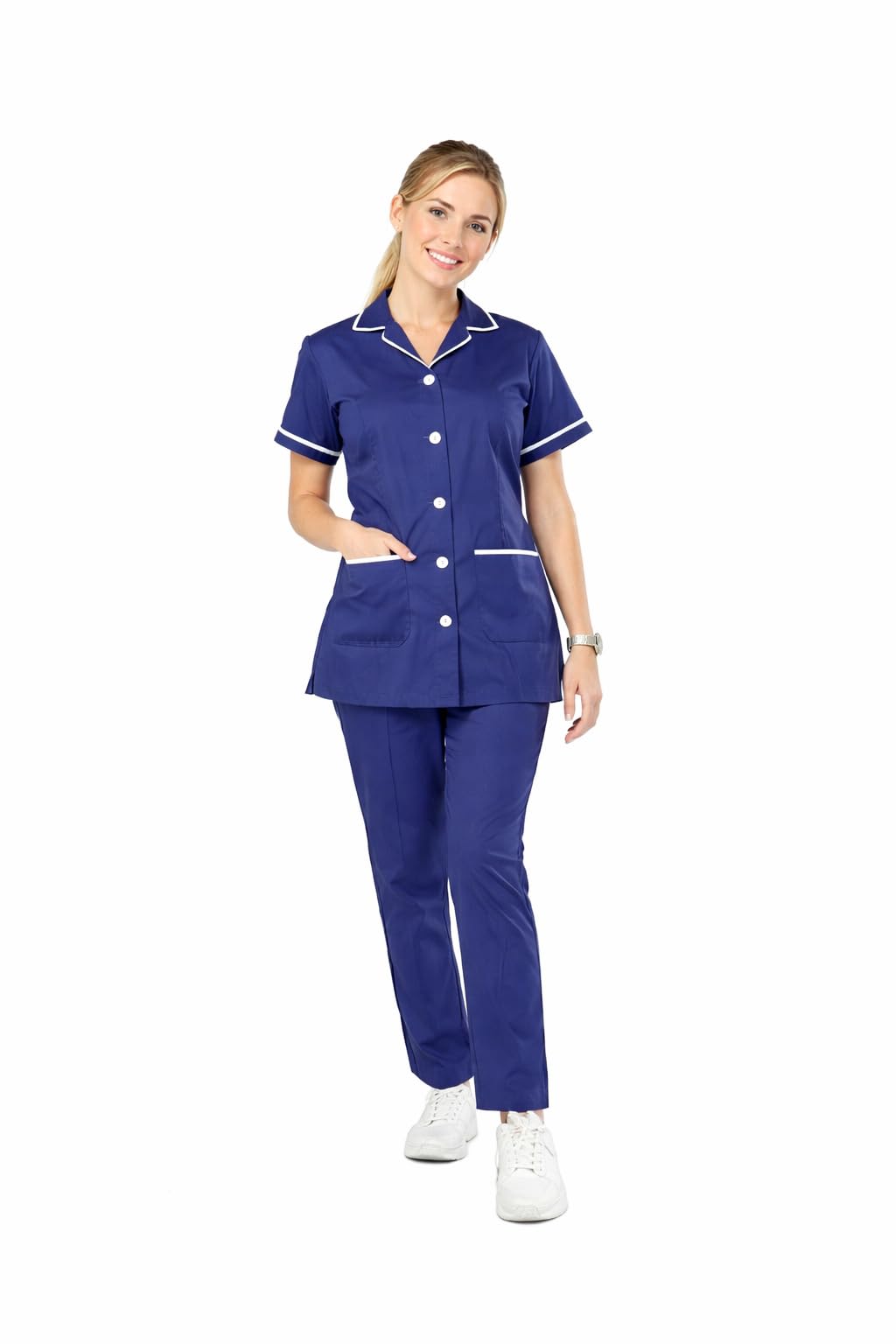 AXON Women's Healthcare Uniform Set, Royal Blue with White Trim, Short Sleeve Tunic and Trousers, Button Front with Pockets-image-12