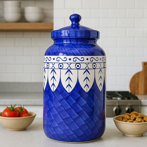 Image of Pure Source India Ceramic Pickle Jar with Lid | Airtight Ceramic Storage Container for Pickles, Chutney, Spices & Dry Snacks | Glossy Handmade Kitchen Storage Jar