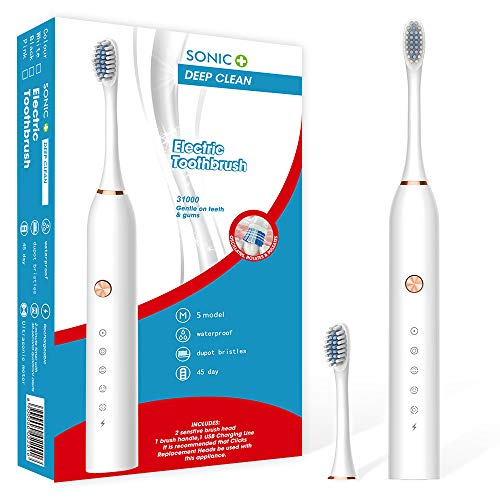 Electric toothbrushes for adults Clearance ,Sonic Power Rechargeable Battery with 2 Brush Heads for Adults Kids, 5 Modes with 2 Minutes Smart Timer,USB Fast Charge, One for 45 Days, Waterproof ,White