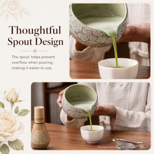 Image of Matcha Whisk Set, 7-Pc Ceramic Matcha Bowl Kit, Bamboo Whisk,(Rose Green)