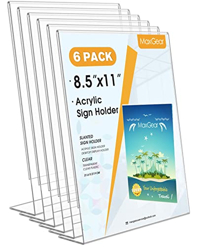MaxGear 6 Pack Acrylic Sign Holder 8.5 X 11, Plastic Paper Holder With Vertical Slanted Back, Picture Photo Frames Display Stand Flyer and Document Organizer for Office Desktop Use