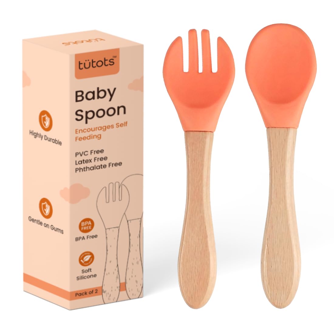 tütots Baby Spoon and Fork Set, Soft Silicone, Wooden Handle, BPA Free, Pack of 2 (Orange)-image-36