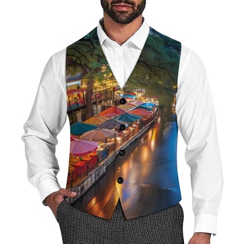 Antonio River Walk Landscape Men's Suit Vest Waistcoat Vests Formal Dress with 2 Pockets for Business Casual Tuxedo