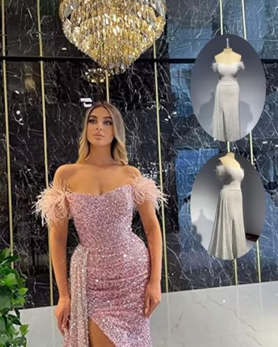Zhangyo Sequin Mermaid Prom Dress Sparkly Off The Shoulder Evening Dresses for Women Long Formal Dress with Feathers4