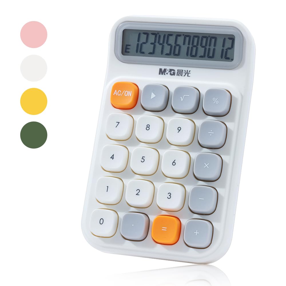 M&G Mechanical Switch Calculator, 12 Digits, Large LCD Display and Big Buttons, Cute White Desktop Calculator for Office, Home, School (Battery Included)