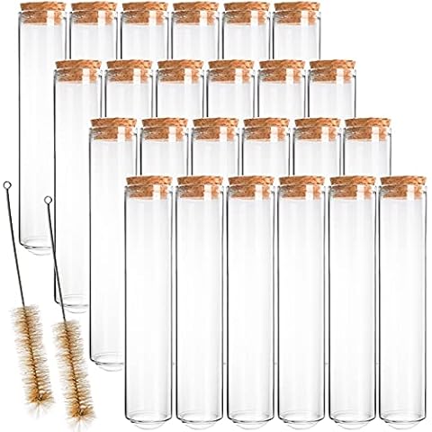 Bekith 24pcs 80ml Clear Glass Test Tubes with Cork Stoppers and 2 Brush, 25x200mm Glass Test Tube for Bath Salt, Candy Storage, Plants, Party Favors, Scientific Experiments Cover