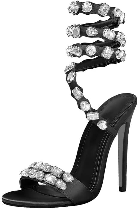 LISHAN Women's Diamante Rhinestones Studded Stilettos Ankle Wrap High Heels