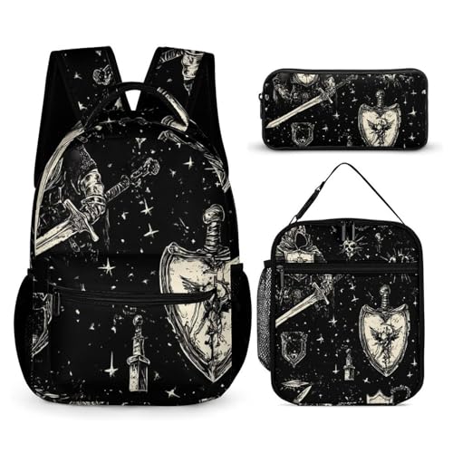 Dark Knights Swords Shields Travel Backpack Lunch Box Pencil Case 3Pcs Set for Men Women Office Outing University