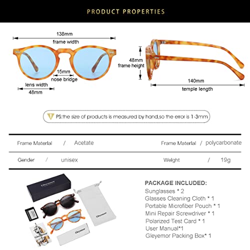 Image of Gleyemor Vintage Polarized Sunglasses for Men Round Sunglasses UV400 Protection Retro Hand-crafted Acetate Frame