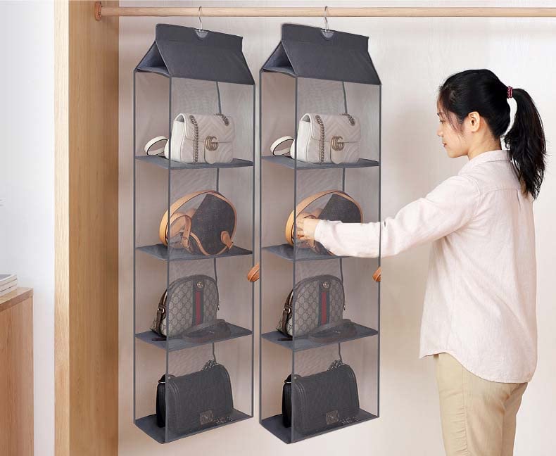 kamuavni Hanging Handbag Purse Organizer for Closet, Purse Bag Storage Holder for Wardrobe 2 Pack 4-Layer Shelves Space Saving Purse Organizers System 15.7 * 6.3 * 47.2inch - Grey