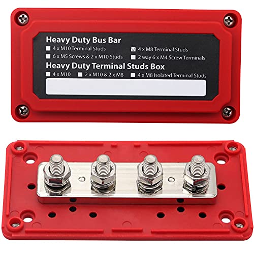 IZTOR 300A Bus Bar Box Heavy Duty Module Design Battery Power Distribution Junction Terminal Block with 4X M8 Copper Terminal Studs Marine Ground DC12 24 48Vï¼ˆRedï¼‰