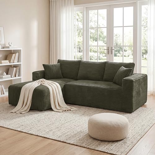 Image of 92.5 inch Boneless Couches for Living Room, L-Shaped Cloud Couch with Deep Seat & Chaise, Corduroy Modular Sectional Sofas for Living Room, No Need Assembly - Green(Left Facing Chaise)