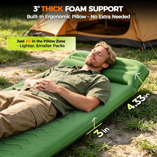 Image of Camping Sleeping Pad, 3 inch Memory Foam Self-Inflating Mattress, Built-in Foot Pump & Air Pillow, All-Season Insulated Mat, Noiseless Compact Roll-Up Bed for Car Traveling, Tent, Cot & Backpacking