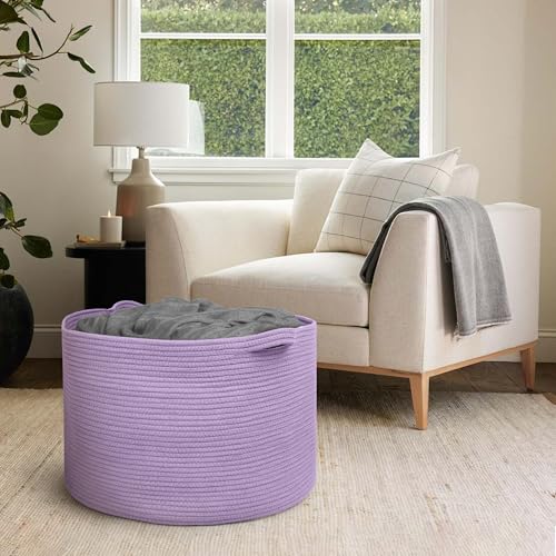 Image of MEGASKET 115L Extra Large Purple Storage Basket, 23.6 inch X 15.7 inch Jumbo Woven Cotton Rope Bin for Throw Blankets Pillows, Baby Laundry Basket, Dirty Clothes Organizer, Big Storage Box for Toys, Towels