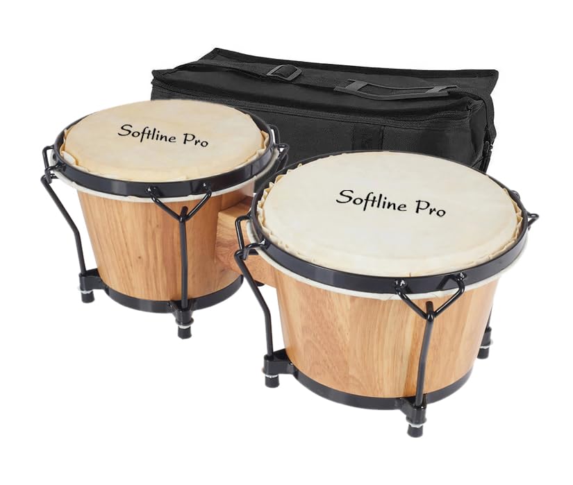 Image of Softline Pro Bongo Drum Set with Tuning Wrench & Padded Professional Wooden Percussion Instrument for Beginner Adults Kids - Natural Skin (Natural)