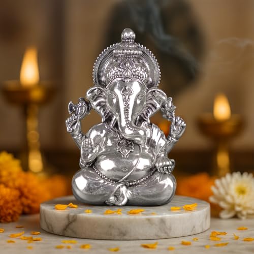 Image of Artarium Brass Vighnaharta Lord Ganesha Statue Car Dashboard (Height 3.5inch), Small Ganpati ji Murti for Car Dashboard, Home Decor, Office Gifting and Pooja Room - Silver Finish
