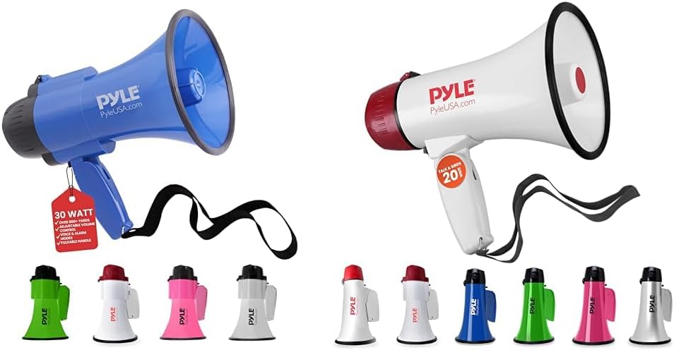 Pyle 30 Watt Blue Battery Megaphone with Siren for 800 Yard Range and 20 Watt White Megaphone with 400 Yard Range