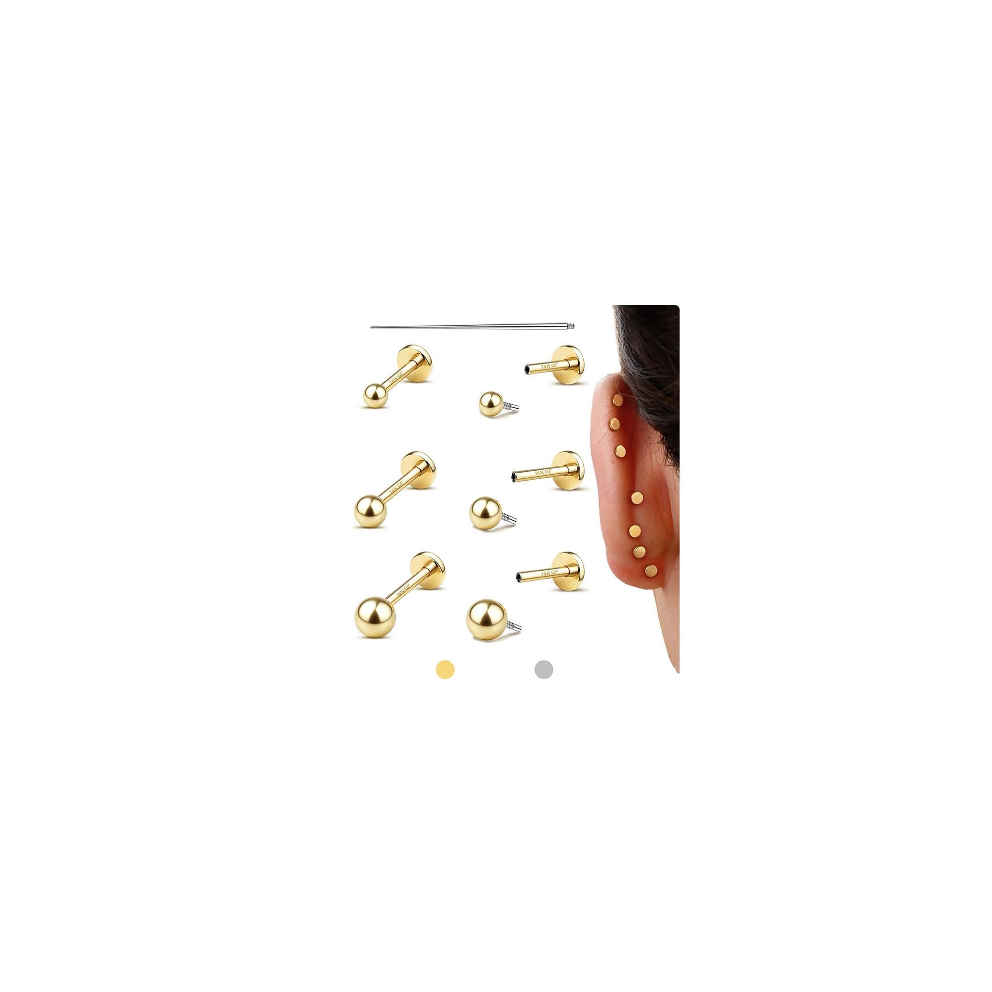 GEMQUEENFlat Back Earrings Stud : 14K Gold Filled Titanium Surgical Steel Earrings Hypoallergenic for Women Men 18G Cartilage Helix Tragus Conch Medusa Piercing Jewelry Dainty Stud Earring Set 3 PairClimeCo Certified