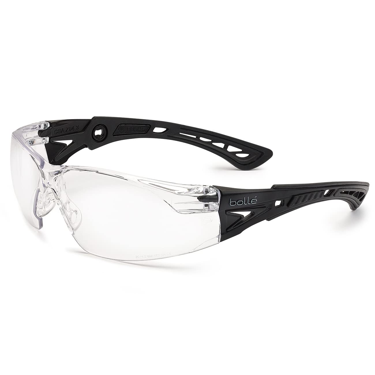 Bolle Rush+ BSSI Lunettes de sécurité à verres transparents – Revêtement dur en platine et revêtement anti-buée – Polycarbonate bimatière + TPR noir mat