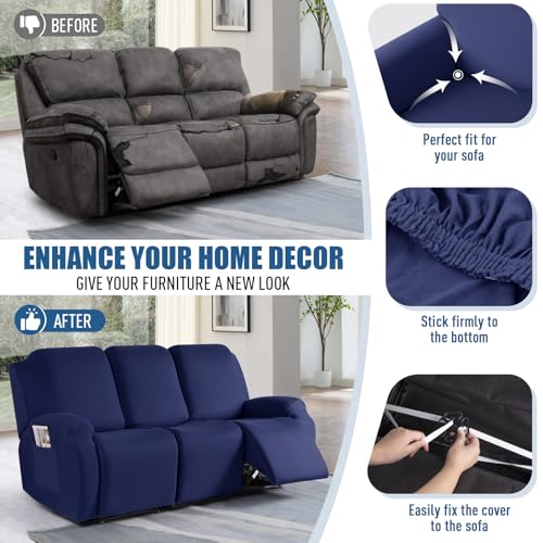 Image of TAOCOCO Recliner Sofa Slipcover, 3 Pieces Polyester Fabric Stretch Sofa Covers for 3 Seat Reclining Couch, Soft Washable Furniture Protector with Pockets (3 Seat, Dark Blue)