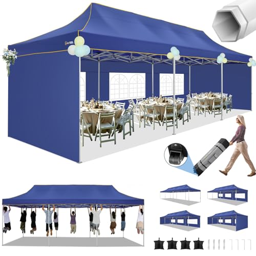 Image of HOTEEL 10x30 Heavy Duty Pop Up Canopy Tent with 5 Sidewalls&Wheeled Bag, Commercial Event Party Tent Wedding Instant Canopy Waterproof, Upgraded Thicked Hexagonal Legs, UV 50+, Deep Blue