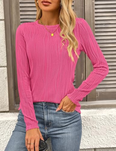 PRETTYGARDEN Long Sleeve Tops for Women 2025 Spring Fall Trendy Business Dressy Casual Shirts Crewneck Textured Blouse