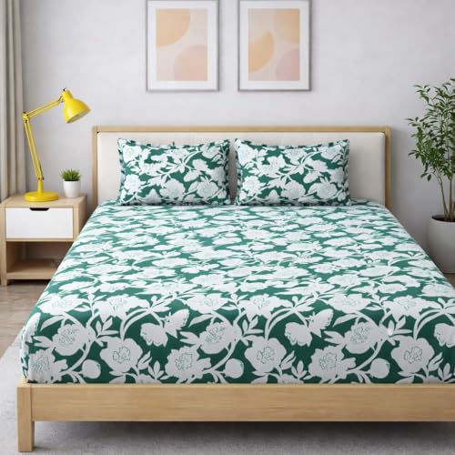 Image of 350 TC Premium Heavy Cotton Feel Elastic Fitted Bedsheet King Size with 2 Pillow Covers || Double Bed with All Around Elastic (Green-White, Fitted - 72 inchx78 inch King)