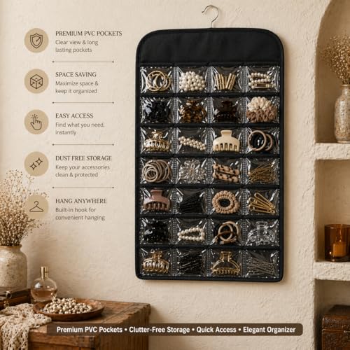 Image of Non-Woven Hanging Jewellery Organizer Storage Bag | Multipurpose Vanity Kit for Necklaces, Earrings, Chains, Watches, Pendants, Cosmetics & Accessories | Travel & Home Use - Black