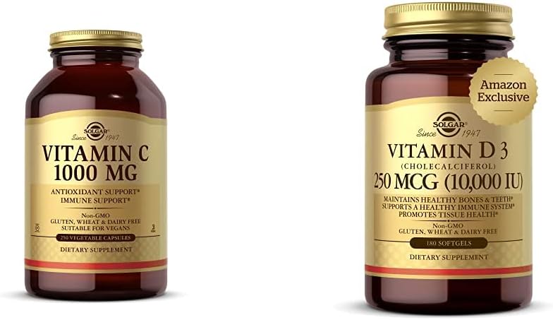 Solgar Vitamin C 1000 mg, 250 Vegetable Capsules - Antioxidant & Immune Support - Overall Health - H with Vitamin D3 Cholecalciferol 250 MCG 10000 IU Softgels Helps Maintain Healthy Bones Teeth Immun