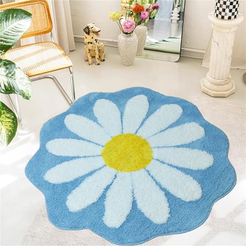 Tapete redondo en forma de flor Daisy 3.2 pies azul miniatura 3