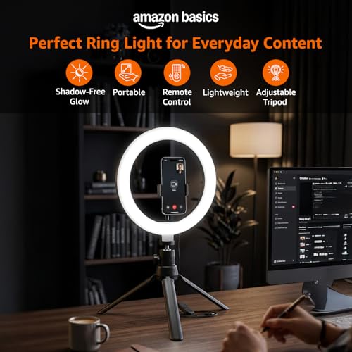 Image of Amazon Basics 10-inch Ring Light with Tripod Stand | 3 Color Modes | 10 Brightness Settings | 360 Rotation | Suitable for Mobile Phones & Camera, YouTube, Photoshoot, Videography and More