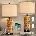 GyroVu Rattan Table Lamp Set of 2, Wicker Lamps, 3 Way Dimmable Touch Seagrass Table lamp with 2 USB Ports and 1 AC Outlet for Bedroom Nightstand Table, Livingroom End Table, Bulbs Include