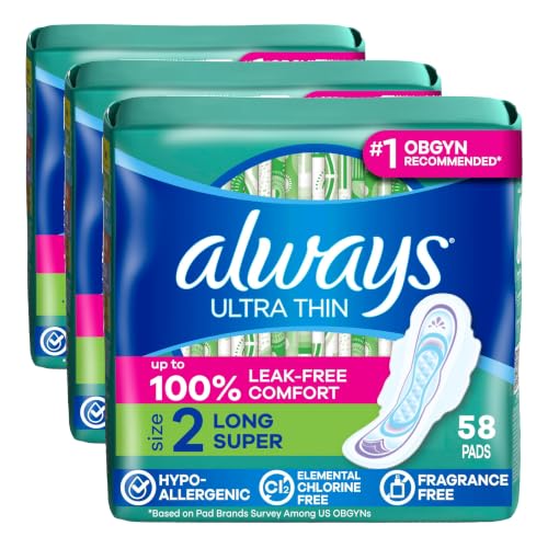 Image of Always Ultra Thin Feminine Pads with Wings for Women, Size 2, Long Super Absorbency, Unscented, Up to 100% Leak-Free Protection, 58 Count (Pack of 3)
