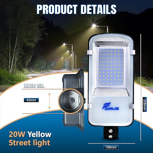 Image of Forus 20W LED Street Light with Clamp, IP66 Waterproof Outdoor LED Street Light, High Lumen 2400lm Yellow, Aluminium Body for Road, Parking Lot, Garden & Industrial Outdoor Lighting (1 Pc)