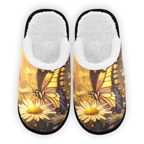 SPRIPORT Daisy Butterfly Soft Fabric Spa Slippers for Women Men Washable Reusable Guest House Slippers with Non Slip Soles Indoor Slippers for Hotel Travel Indoor Bedroom Party L