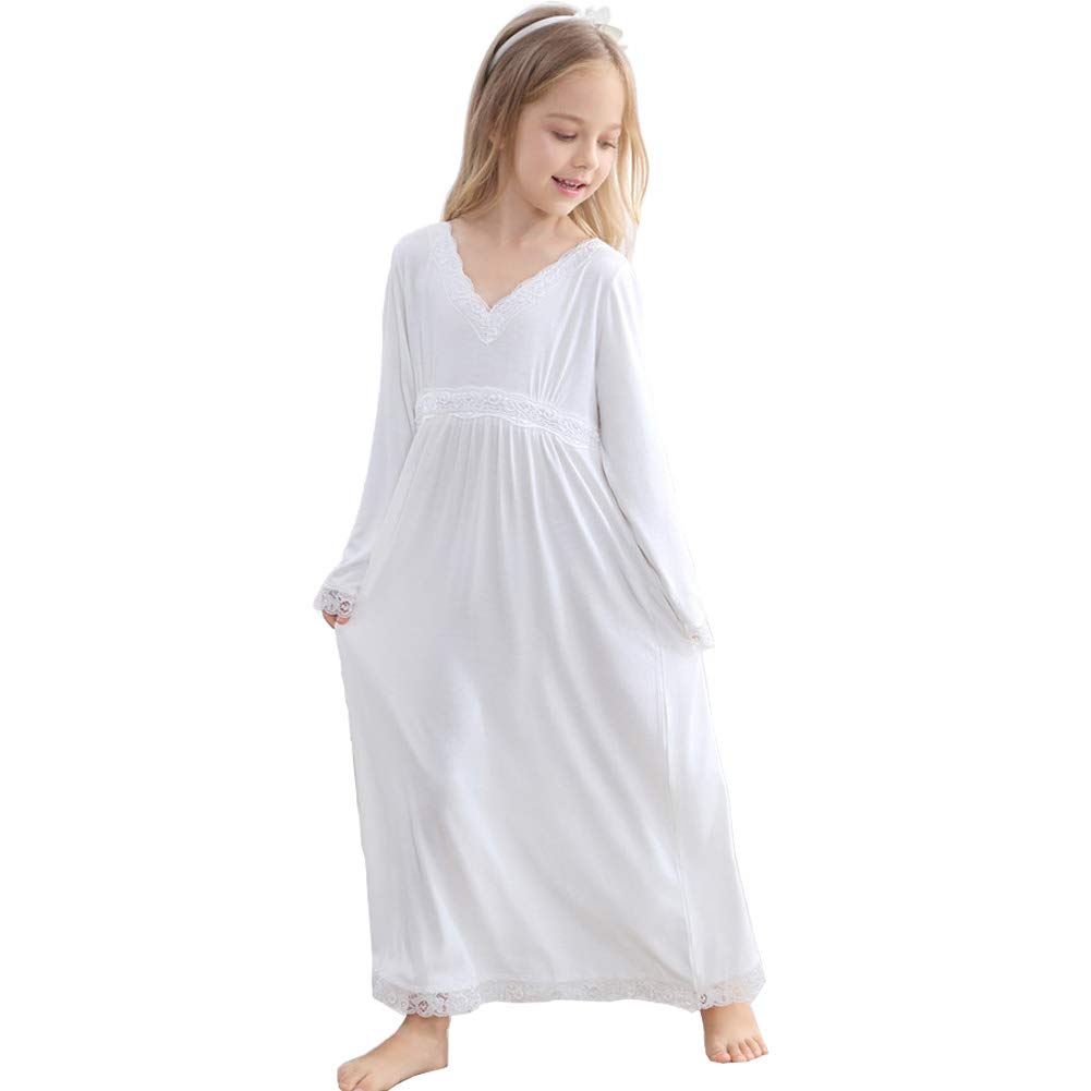 Chemise de Nuit Enfant，Pyjama pour Fille 3-13ans Robe de Nuit à Manches Longues en Dentelle en Coton pour Enfant