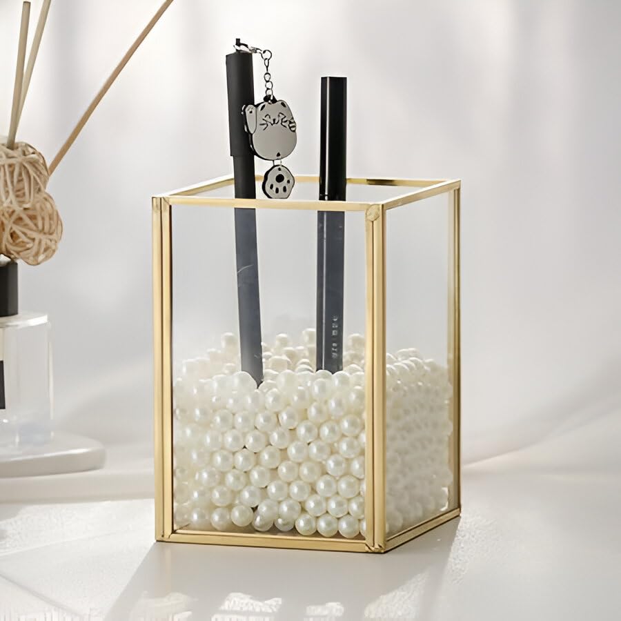 Image of Handy Creations Size 4 Inch Glass Makeup Brush Holder With Metal and Clear Glass, Gold Frame, Cosmetic Organiser, Table Top, Office, Bathroom, Decorative Cosmetics Holder Beauty Display (Pack of 1)