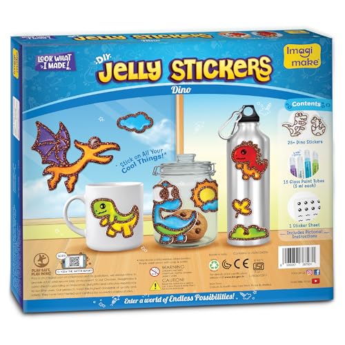 Image of Imagimake DIY Dino Jelly Stickers | 25+ Stickers - Paint, Peel & Stick | Glass Painting Activity Set with 15 Paint Tubes | Art and Craft Kit for Kids 3-6 Years | Birthday Gift for Boys & Girls Age 3+