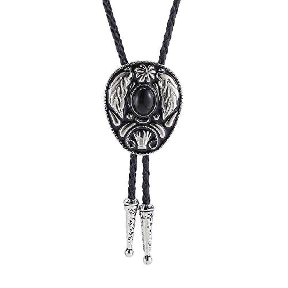 Ykmyxz Unisex Black Bootlace Tie， Retro Bohemian Plant Leaves Embossed Men's Bolo Tie Necktie - Costume Americanwestern Cowboy Shoestring Necktie,(Black)