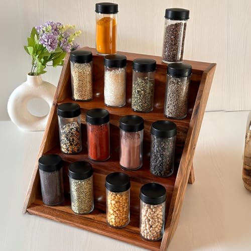 Image of Trendy Trays Wooden Spice Rack Organizer for Kitchen Drawer, Cabinet, and Countertop - Premium Acacia Wood- 3 Tier Shelf | No Bottle included | Spice up Your kitchen with our spice rack organizer