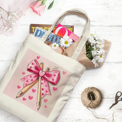 Valentine'S Day Special Lovely Pencil Print Canvas Tote Bag, Reusable Shoulder Tote Bag for Women and Men, Large Durable Canvas Shoulder Bag Perfect for Grocery Work Beach Shopping2