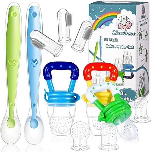 11 Pack Baby Food Feeder Set, Baby Fruit Feeder Pacifier Fresh Food Feeder with 3 Sizes Silicone Pouches, Infant Fruit Teething Toy Includes 3 Baby Finger Toothbrushes and 2 Baby Feeding Spoons