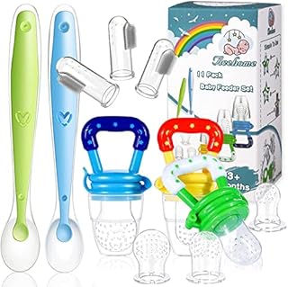 11 Pack Baby Food Feeder Set, Baby Fruit Feeder Pacifier Fresh Food Feeder with 3 Sizes Silicone Pouches, Infant Fruit Teething Toy Includes 3 Baby Finger Toothbrushes and 2 Baby Feeding Spoons
