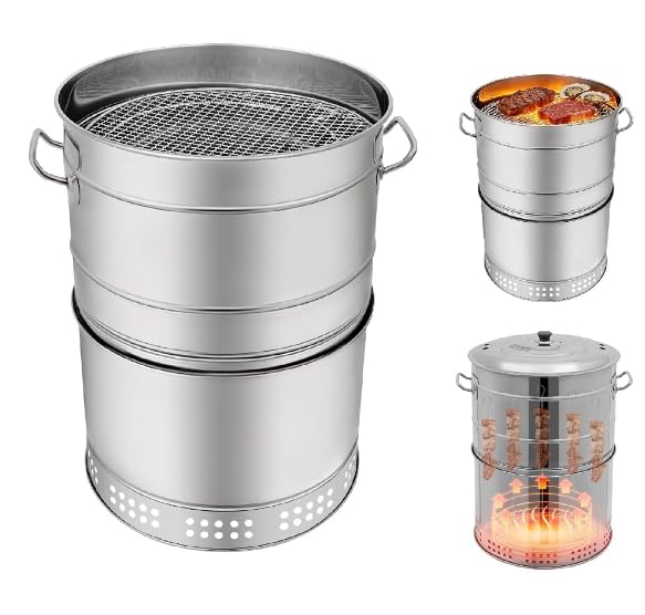 BRICZUNA Large Portable Charcoal Grills Stainless BBQ Grill Barrel 360 Barbecue Grills with 50 Skewers & Accessories 2 In 1 Vertical Barbeque Hanging Stove for Indoor Outdoor Camping & Picnic