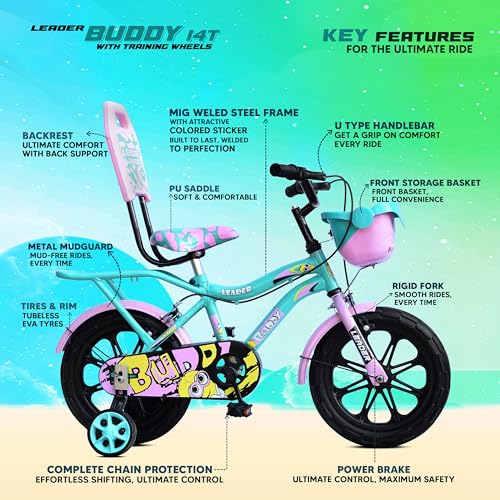 Leader Buddy Kids Cycle 14T with Training Wheels (SEMI-Assembled) for Boys and Girls Ideal for Age Group 2-5 Years | Frame: 8 Inches (14T, Sea Green_Light Pink) 6 51tZ n s2yL