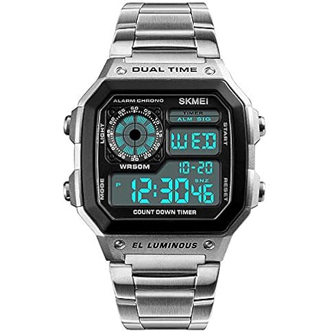 iFCOW Men Sport Watch LED Digital Alarm Digital Outdoors Electronic Watch Stainless Steel Military Wristwatch Cover
