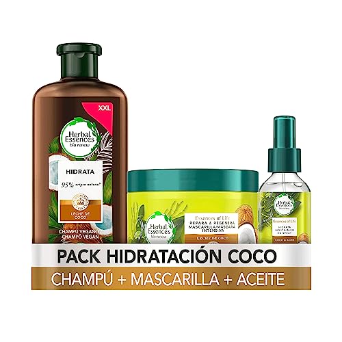 Herbal Essences Champú Hidratante Con Leche De Coco 680ml + Mascarilla Hidratante Con Leche De Coco 450ml + Spray Con Leche De Coco Y Aceite De Aloe Vera 100ml, Para Pelo Muy Seco