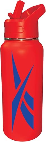 Reebok Botella de agua de acero inoxidable con tapa de popote y diseño atlético, botellas de agua aisladas de 32 onzas, botella de agua deportiva
